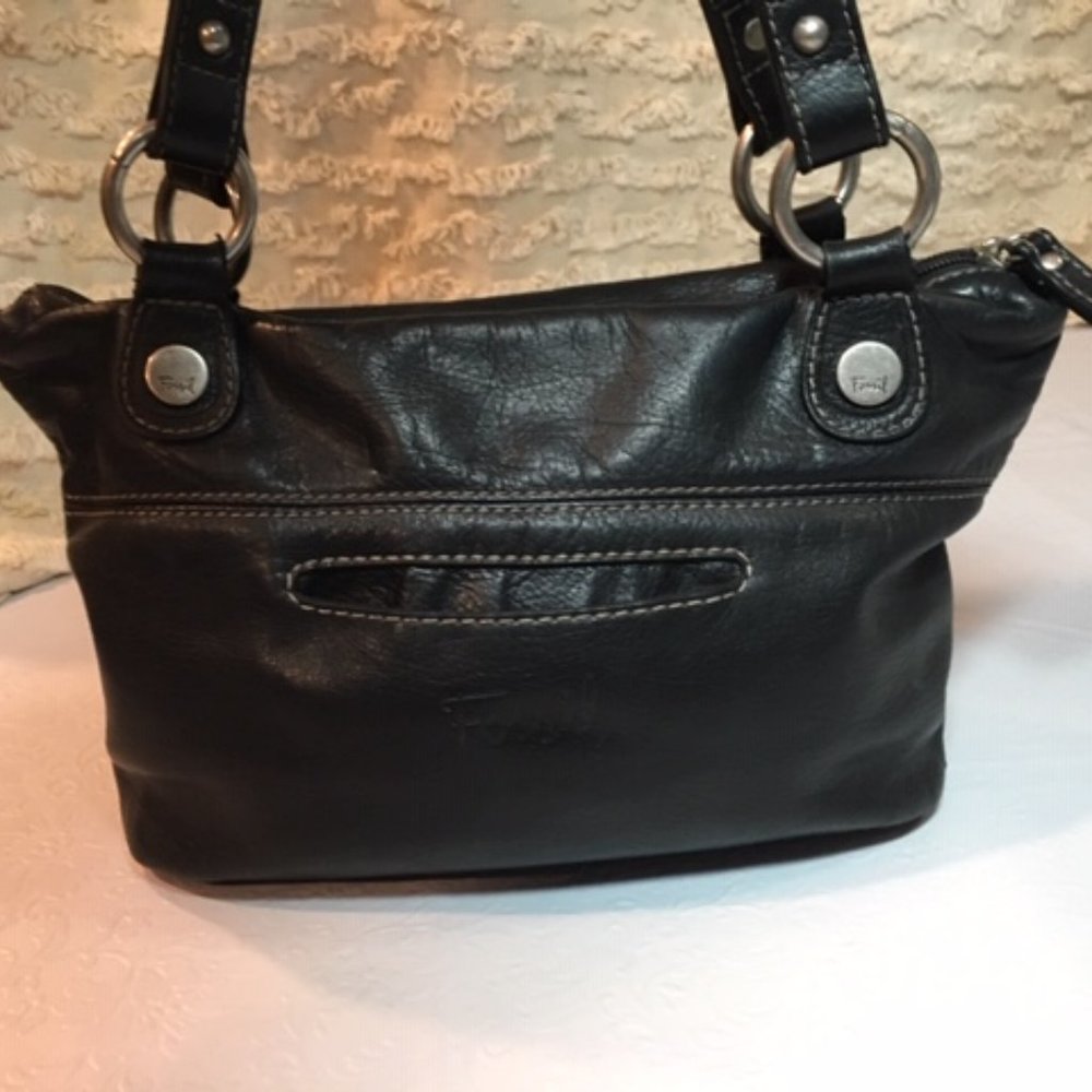 FOSSIL Black Super Soft Leather Satchel Zip Handbag Dbl Strap 13"x10"